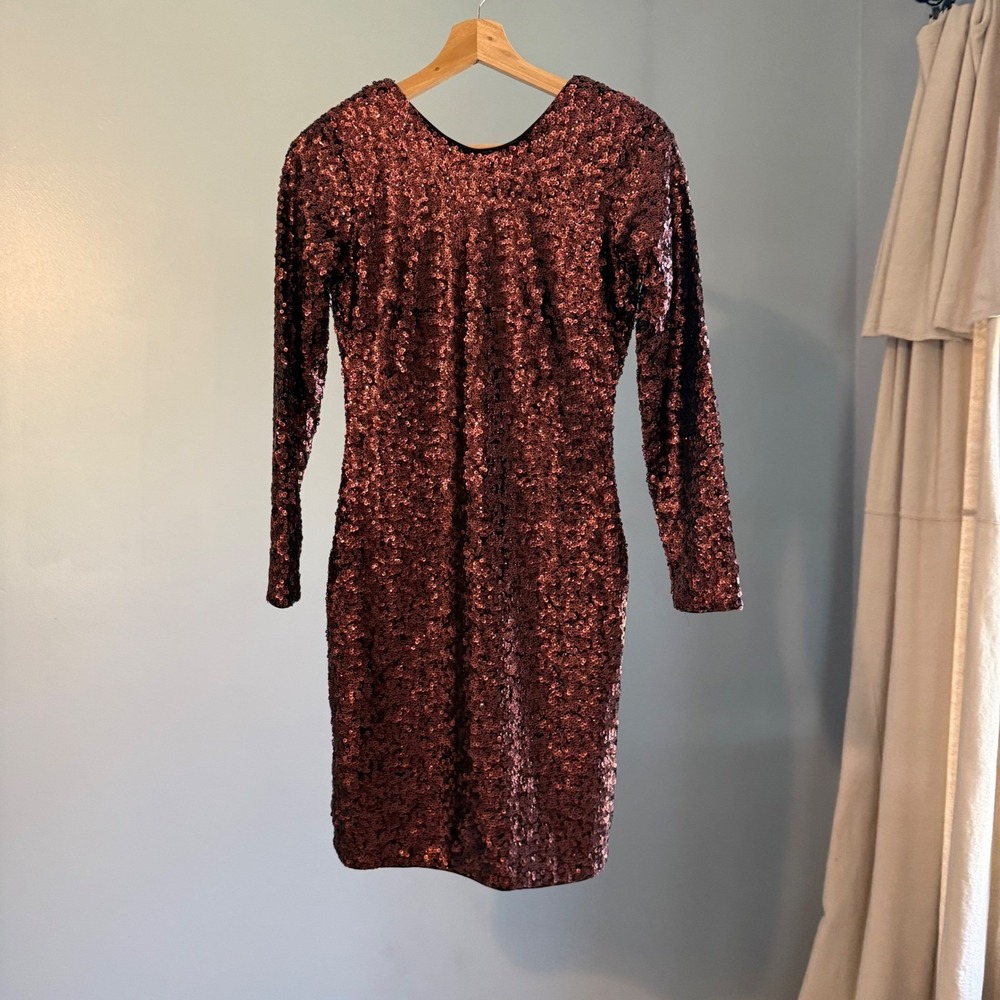 H&M Fitted Long Sleeve Sequined Mini Dress Bronze Brown Sz 8 Low Back Vegas Glam